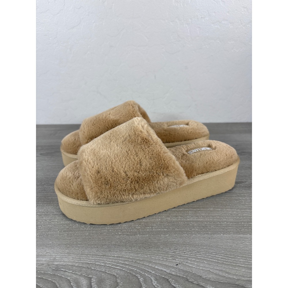 Muk Luks Womens Tan Faux Fur Platform Slide Slippers Open Toe Camel S 7-8